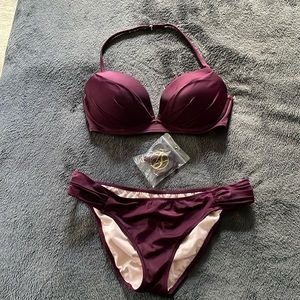 Victoria’s Secret maroon two piece bathing suit. Halter top.
